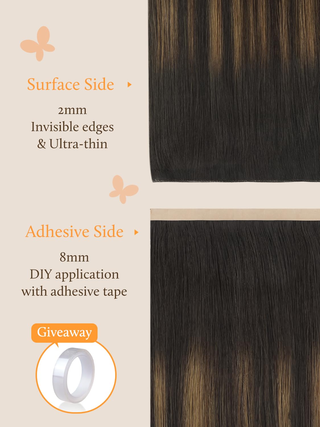 Tape In Genius Weft Human Hair Extensions Balayage Brown 20 Inch 60G Seamless Remy