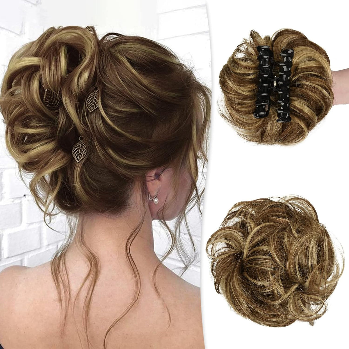 Clip In Messy Bun Hair Piece Human Hair Wavy Curly Chignon Brown Blonde Highlights