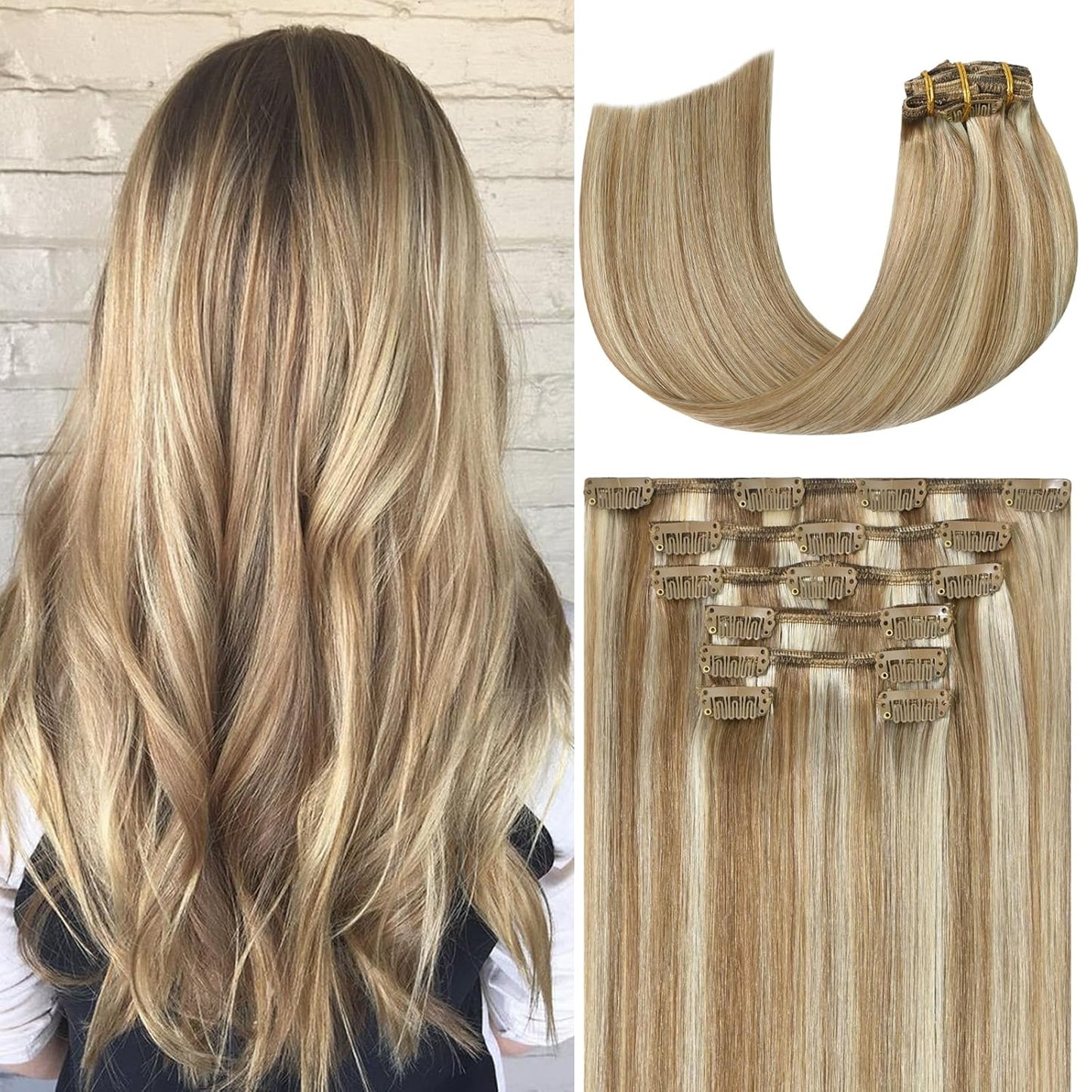 Clip In Human Hair Extensions 18 Inch Blonde Highlights 75G 7PCS Remy Straight