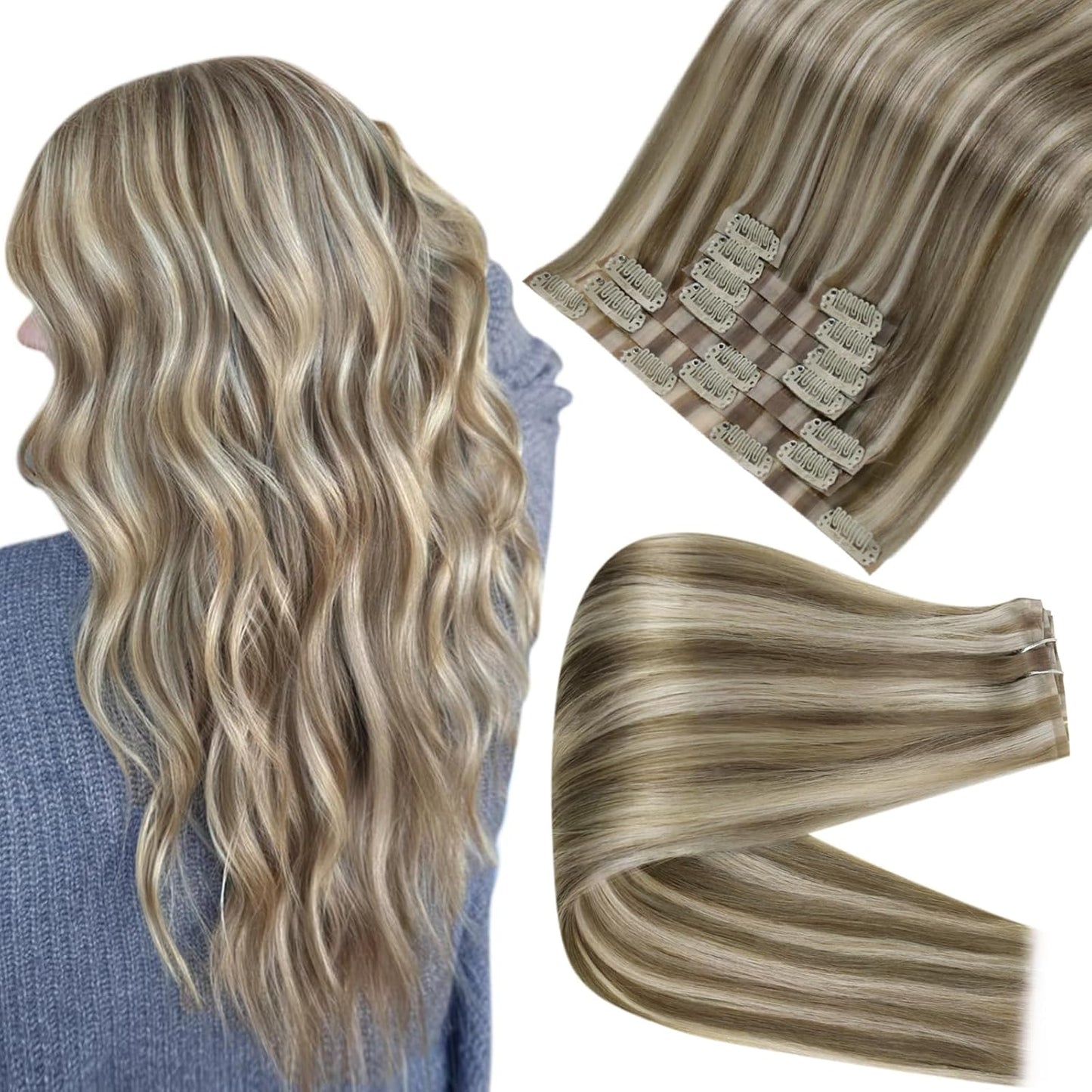 Seamless Clip In Hair Extensions 16 Inch Ash Brown Blonde Highlights 120G 8PCS