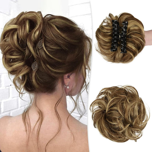 Clip In Messy Bun Hair Piece Human Hair Wavy Curly Chignon Brown Blonde Highlights