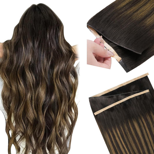 Tape In Genius Weft Human Hair Extensions Balayage Brown 20 Inch 60G Seamless Remy